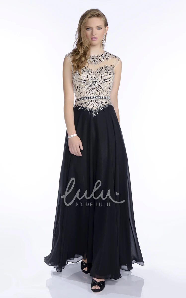 Beaded Bodice A-Line Chiffon Prom Dress with Keyhole Back and Pleats