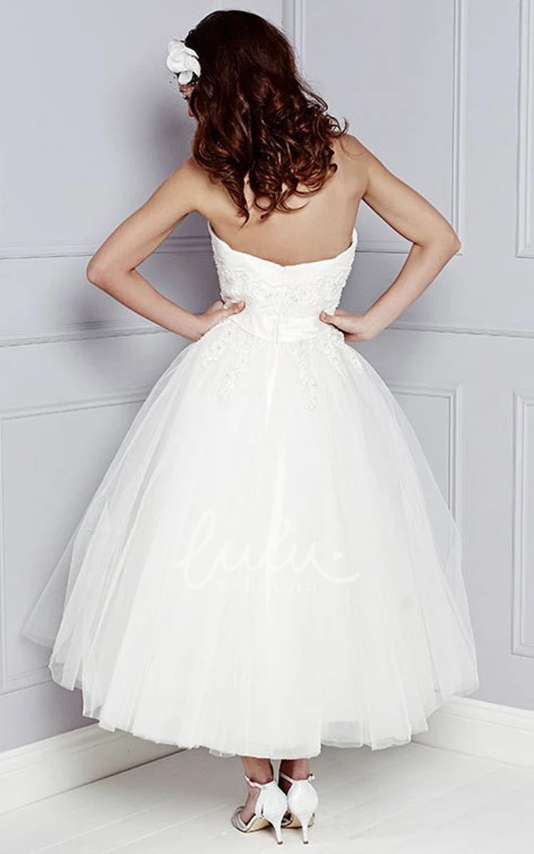 Sleeveless Strapless Tulle Wedding Dress A-Line Tea-Length with Waist Jewelry