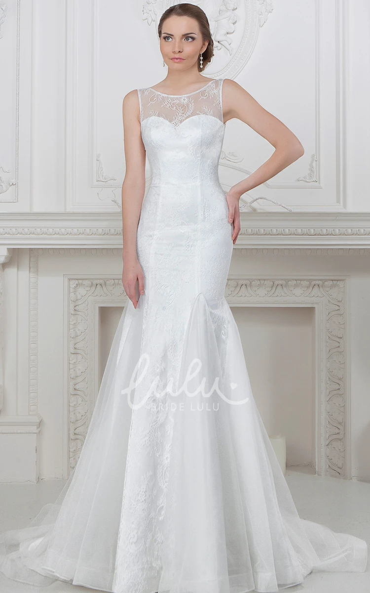 Sleeveless Sheath Wedding Dress with Appliqued Lace and Satin Scoop-Neck Long