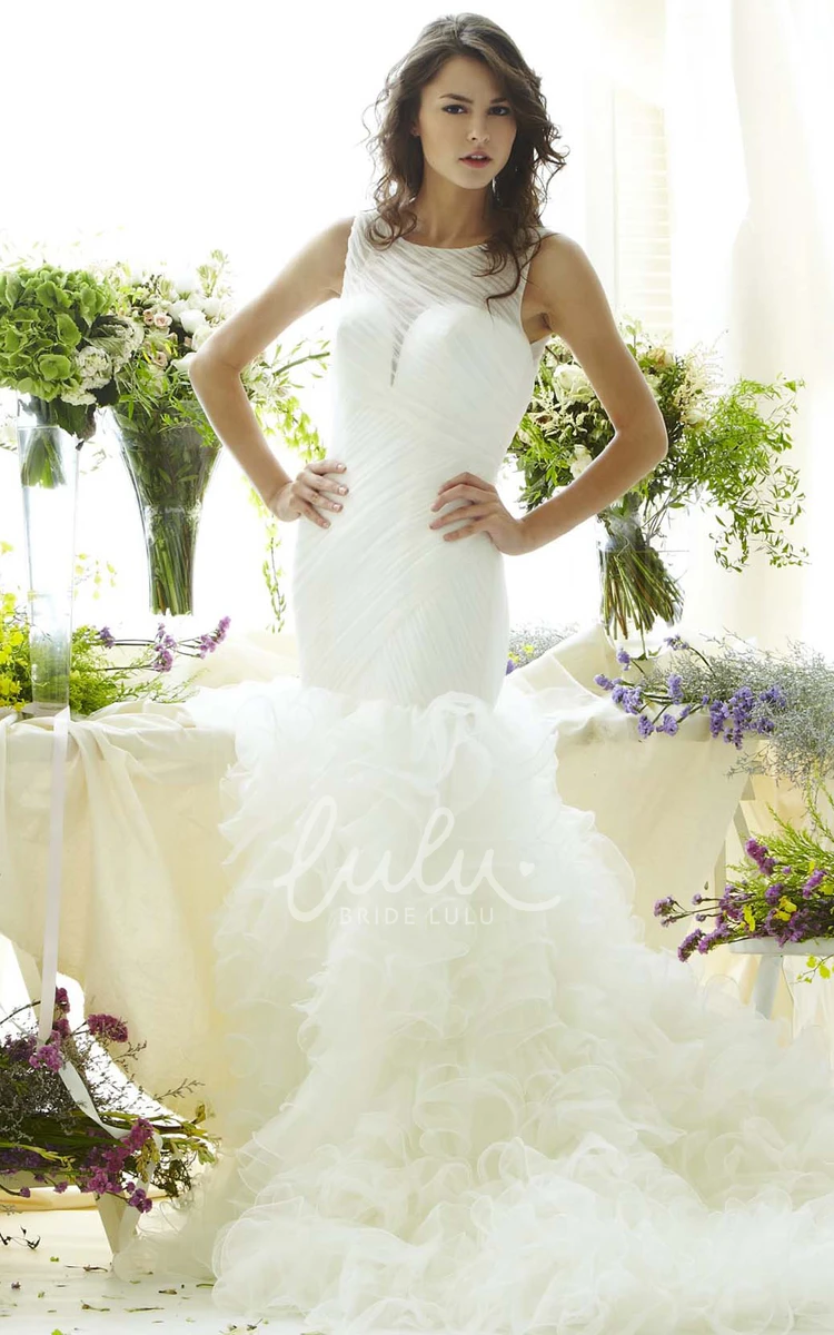 Sleeveless Ruffled Tulle Wedding Dress with Illusion Back Trumpet Style