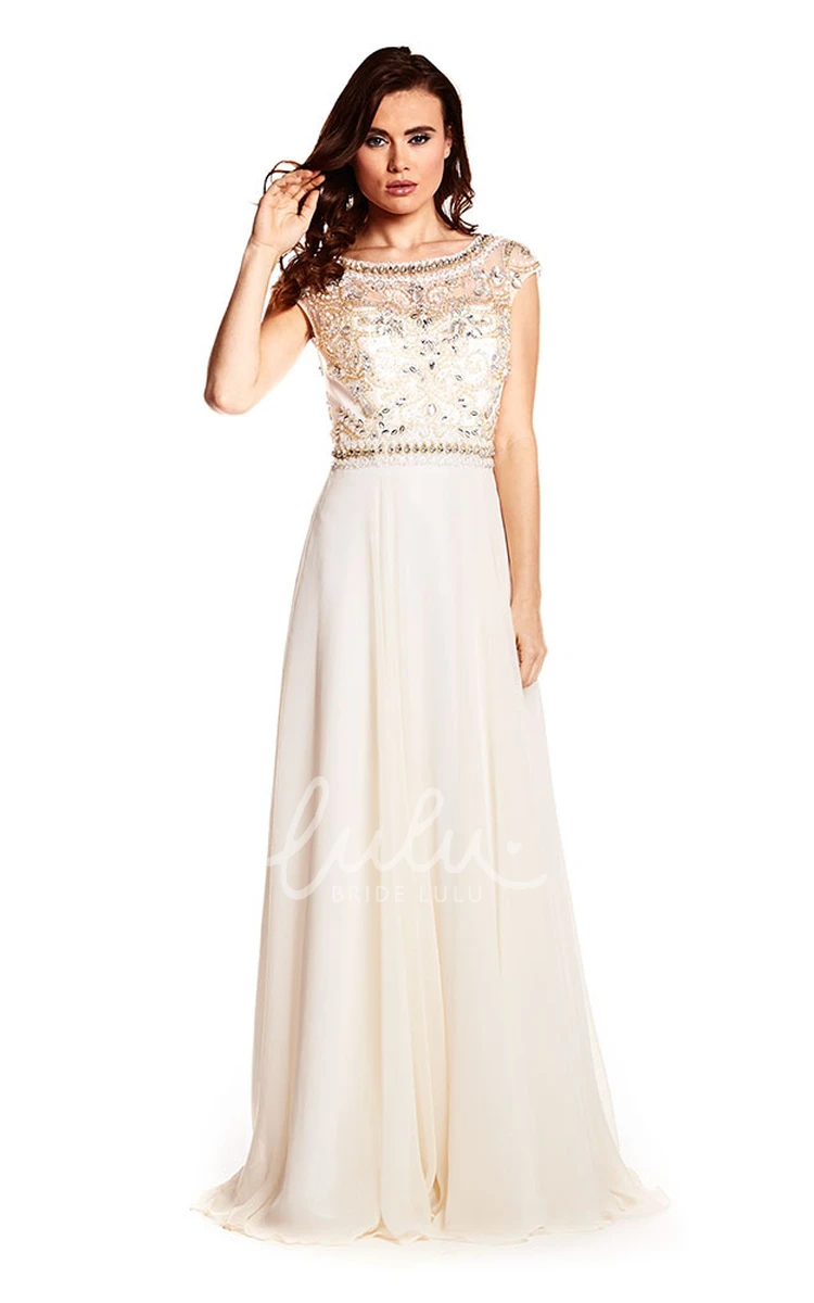 Chiffon Cap Sleeve Prom Dress with Beaded Bateau Neckline and Keyhole