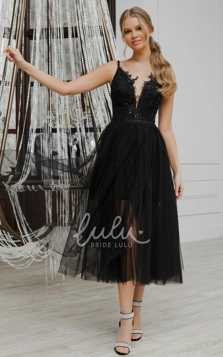 Plunging Neckline Sheath Tulle Sexy Evening Dress with Front Split