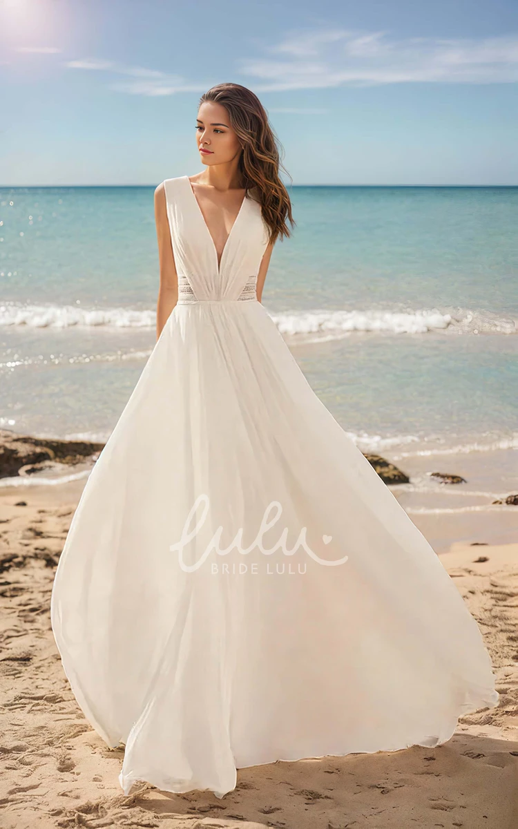 Simple Solid Chiffon Lace Sleeveless A-Line Plunging V-neck Wedding Dress Chic Elegant Ethereal Floor-length Backless Bridal Gown with Train