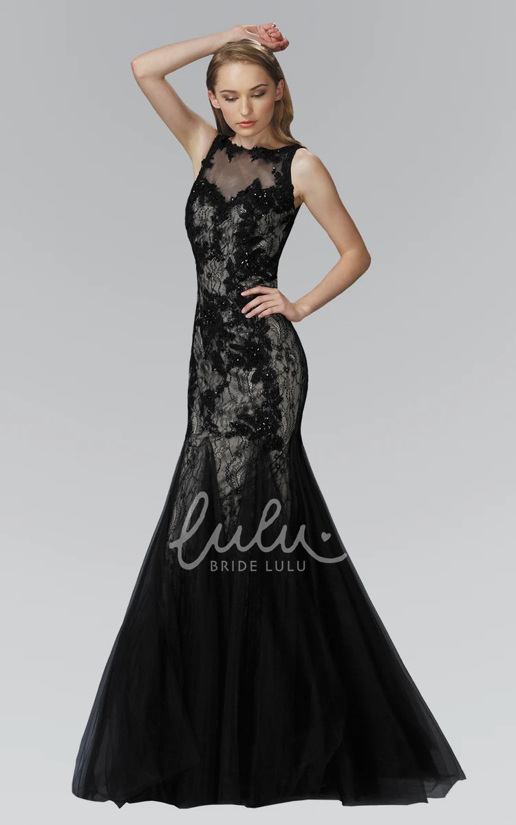 Lace Trumpet Formal Dress with Appliques and Deep-V Back