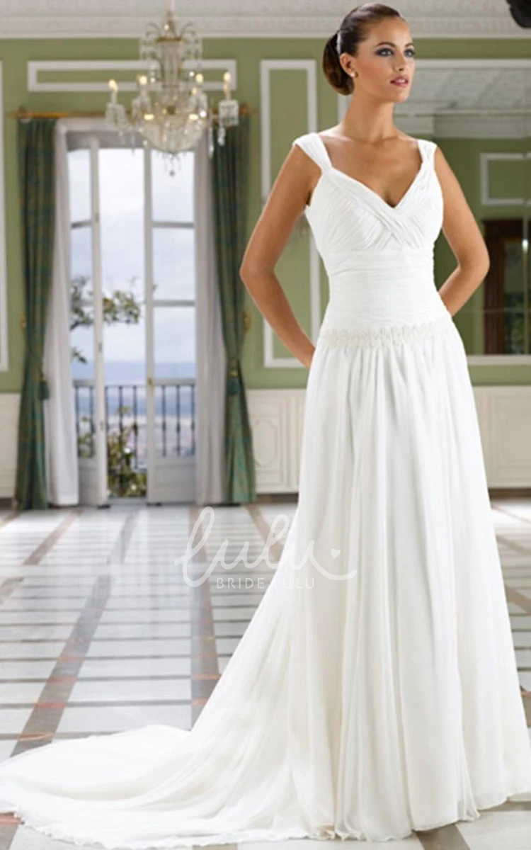 Chiffon Sleeveless A-Line Wedding Dress with Deep-V Back and Ruched Floor-Length Skirt