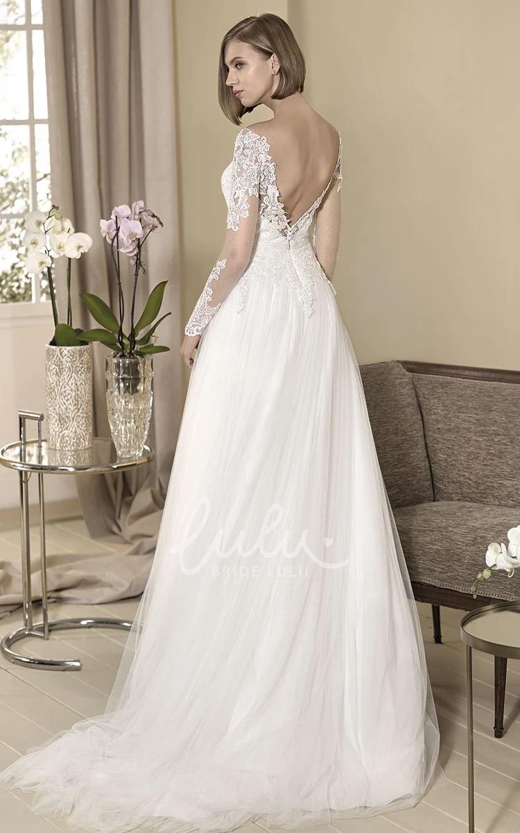 Off-The-Shoulder Tulle&Lace A-Line Wedding Dress with Long Sleeves and Floor-Length Design