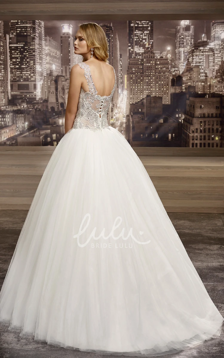 V-Neck A-Line Bridal Gown with Beaded Corset and Half Open Back