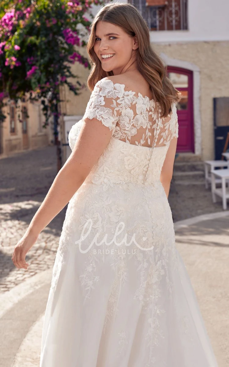 Casual Satin A Line Wedding Dress with Appliques Sweep Train Short Sleeve Bateau