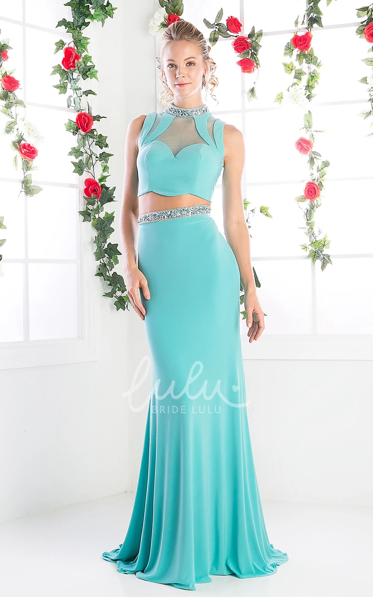 Maxi Sheath Formal Dress with High Neck Sleeveless Jersey and Beading