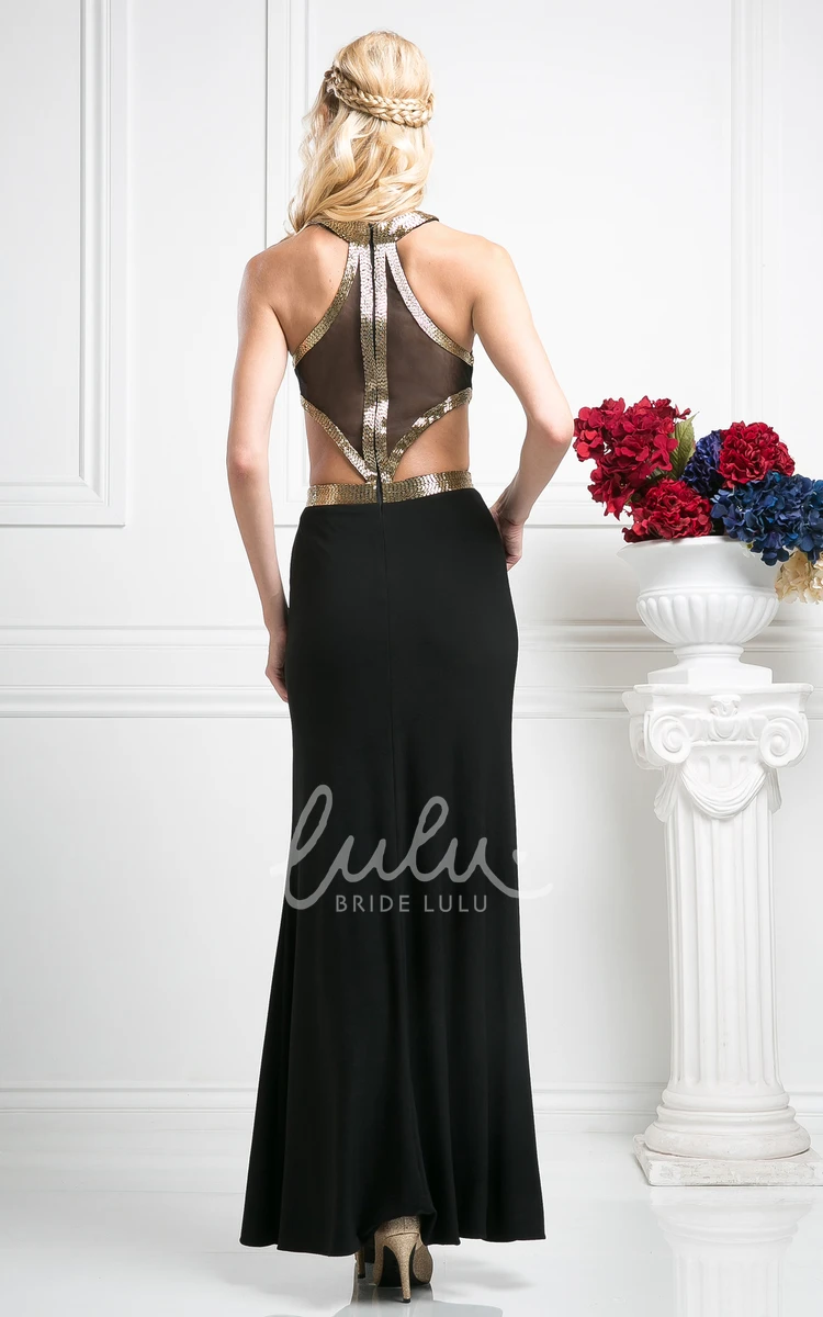 Jewel-Neck Sleeveless Jersey Sheath Dress with Sequins Ankle-Length Illusion