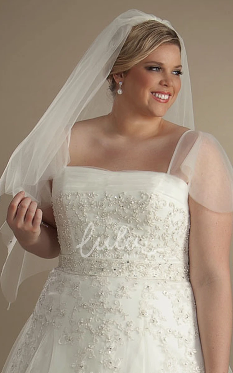 Tulle Appliqued Poet-Sleeve Ball Gown Plus Size Wedding Dress with Beading