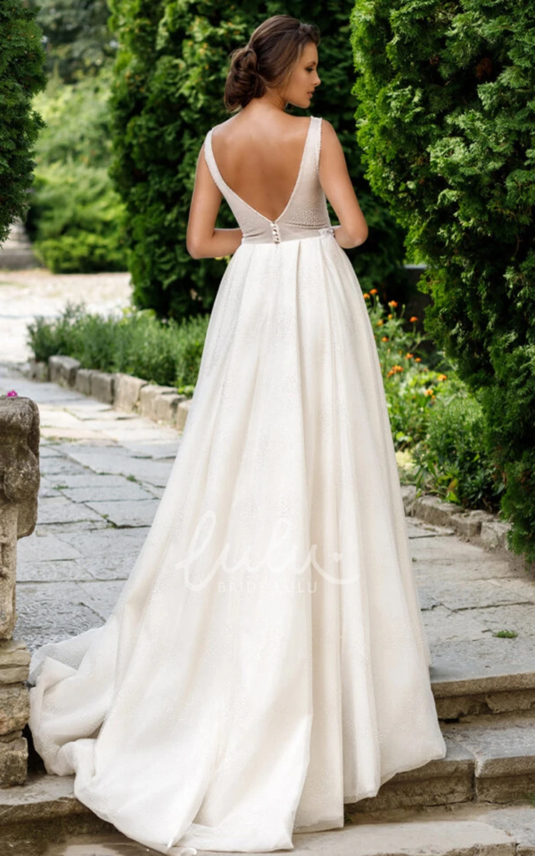 A Line Organza Wedding Dress with Plunging Neckline and Pockets Ethereal Wedding Dress