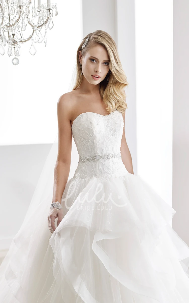 Ruffled Beaded Belt A-Line Wedding Dress with Strapless Open Back