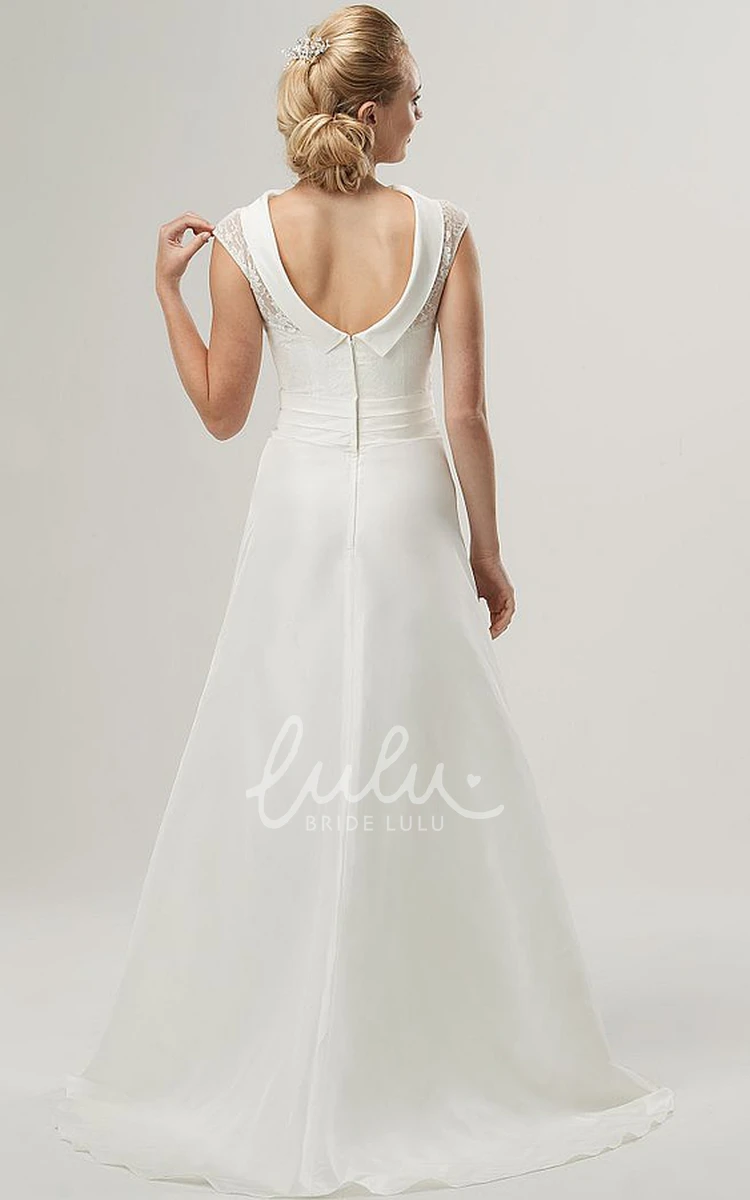 Cap-Sleeve Satin and Lace A-Line Wedding Dress with High Neck and Appliques