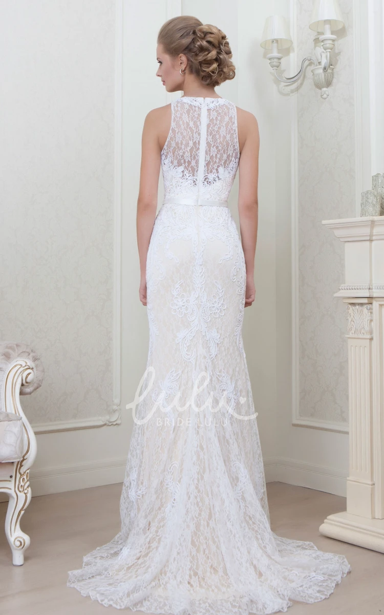 Sleeveless Appliqued Jewel-Neck Sheath Lace Evening Dress Simple Bridesmaid Dress