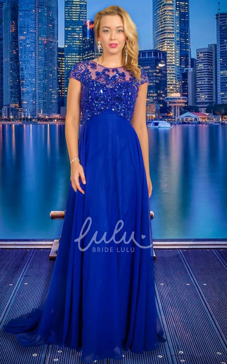 A-Line Beaded Chiffon Prom Dress Floor-Length Scoop-Neck Cap-Sleeve