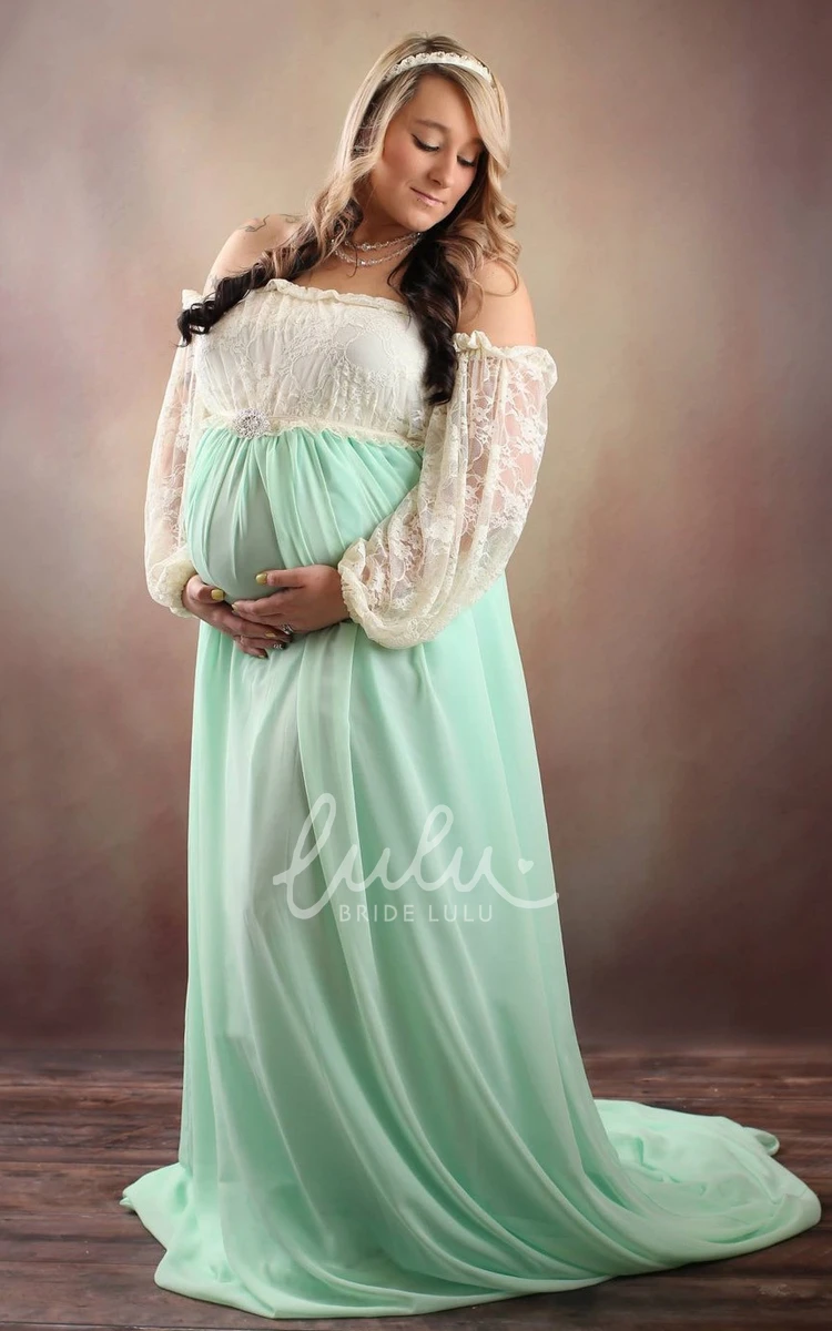 Long Sleeve Pleated Maternity Dress with Lace and Chiffon A-line