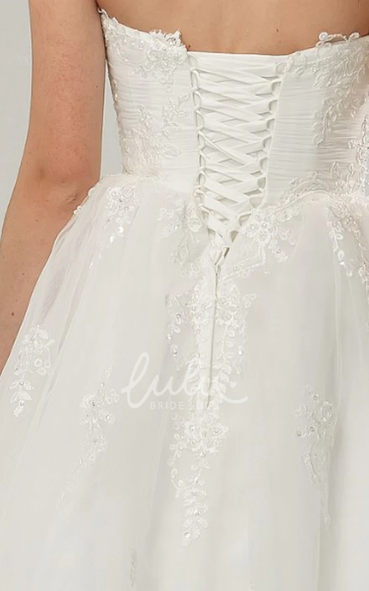 Tea-Length A-Line Tulle Wedding Dress with Appliques and Corset Back Strapless