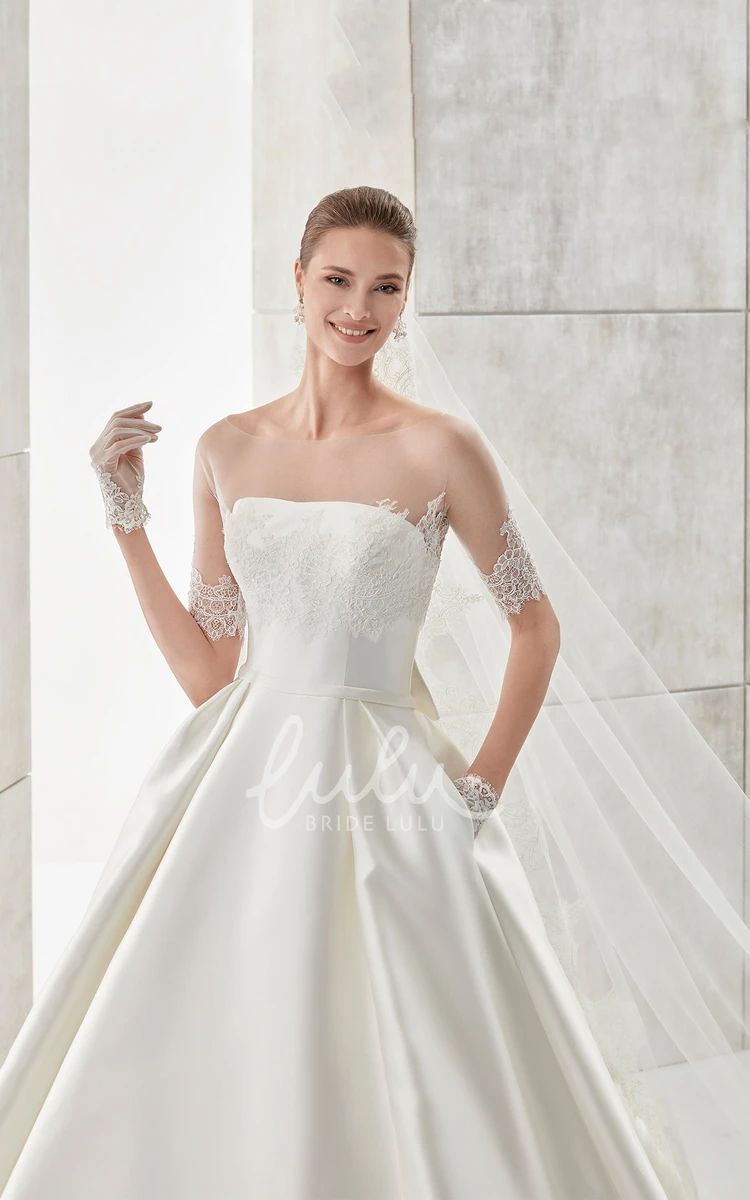 Satin A-Line Wedding Dress with Detachable Lace Coat and Back Bow