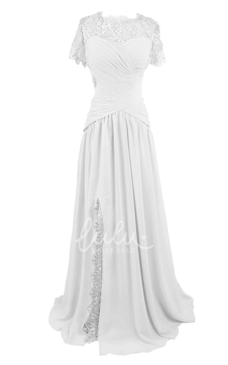 Long Pleated Chiffon Bridesmaid Dress with Short Sleeves and High Neck