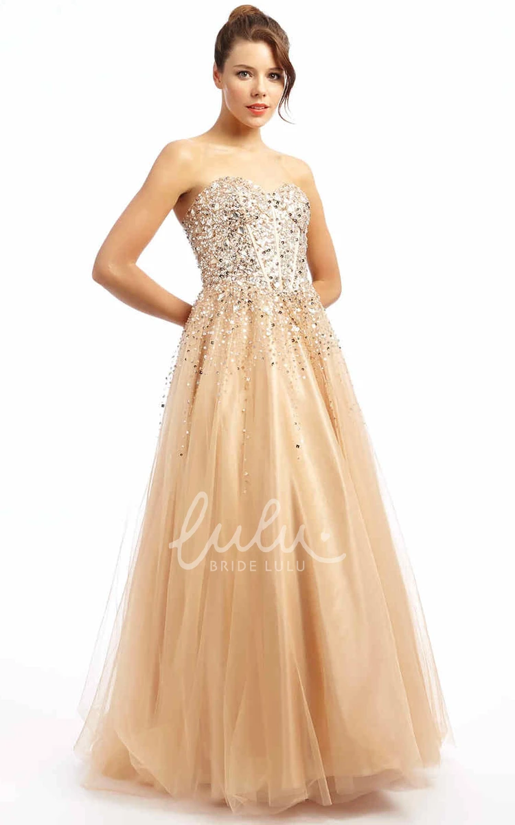 Sequined Sweetheart Tulle Prom Dress with Beading A-Line Long Sleeveless