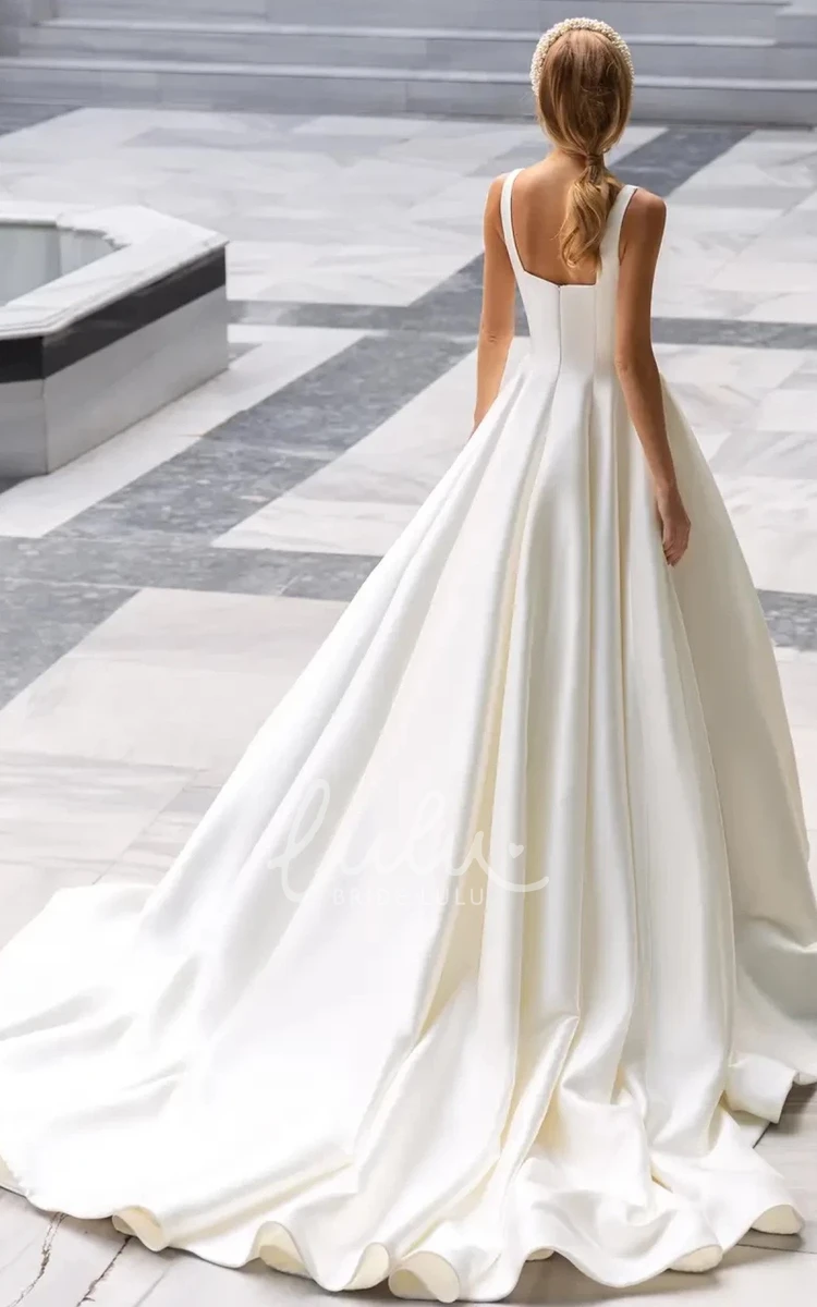 Square Neck Satin A Line Wedding Dress with Court Train Modern & Sophisticated