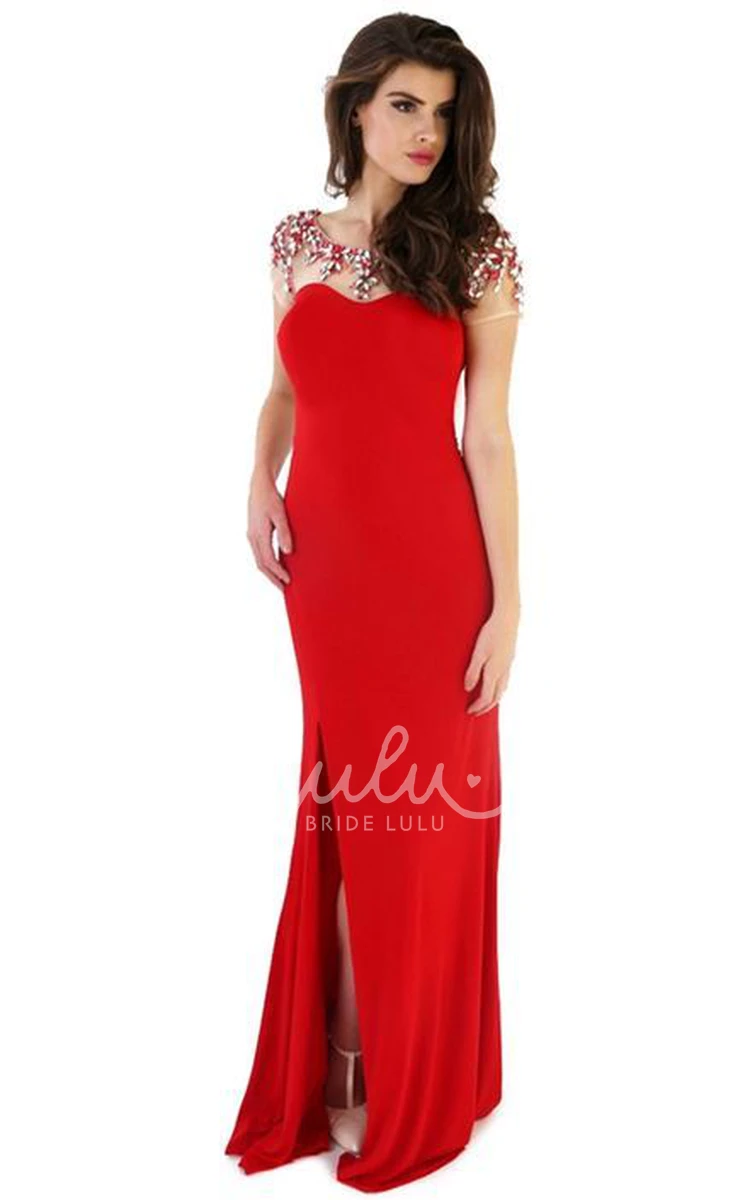 Cap-Sleeve Beaded Sheath Floor-Length Scoop Jersey Prom Dress with Flower and Keyhole Back Classy Bridesmaid Dress