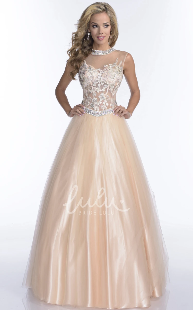 Crystal Neck Lace Bodice A-Line Prom Dress with Tulle Skirt