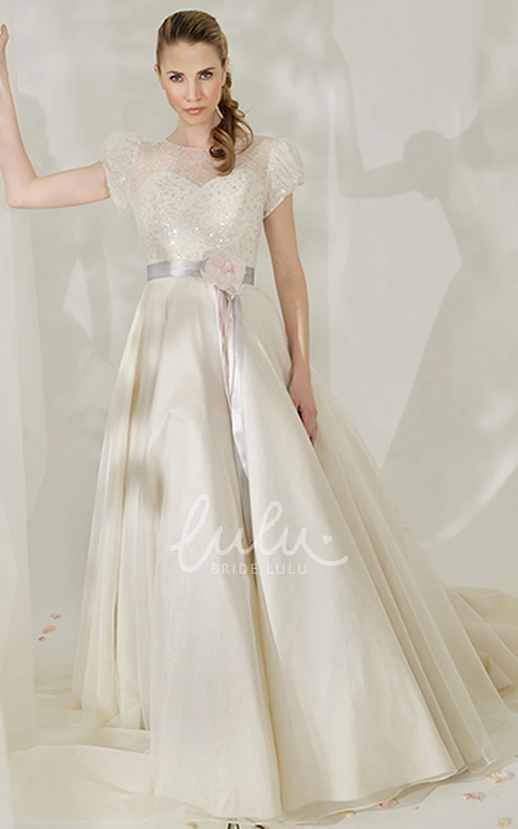 Long Tulle&Satin Wedding Dress with Flower and V Back A-Line High Neck Puff-Sleeve