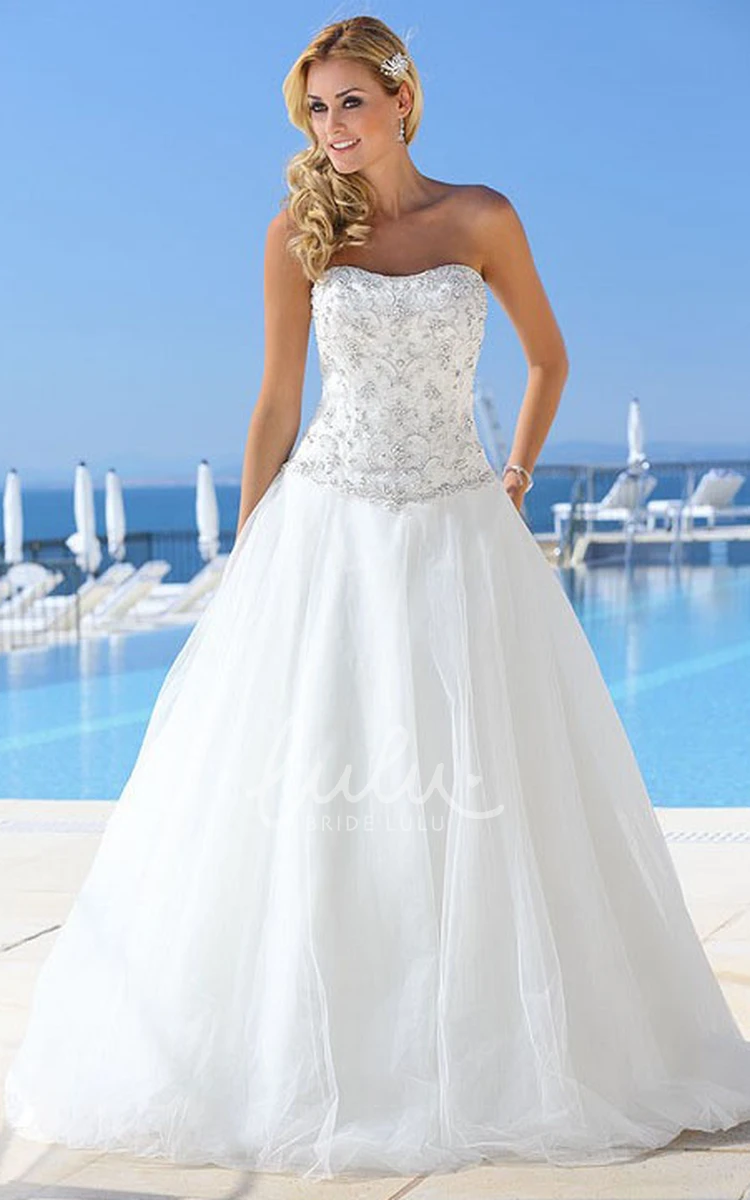Crystal Sleeveless Tulle Wedding Dress Strapless Floor-Length Bridal Gown