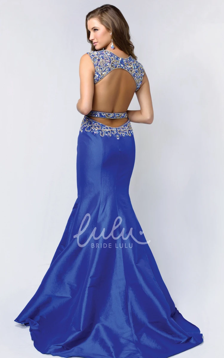 Backless Mermaid Satin Dress with Beading and Queen Anne Neckline