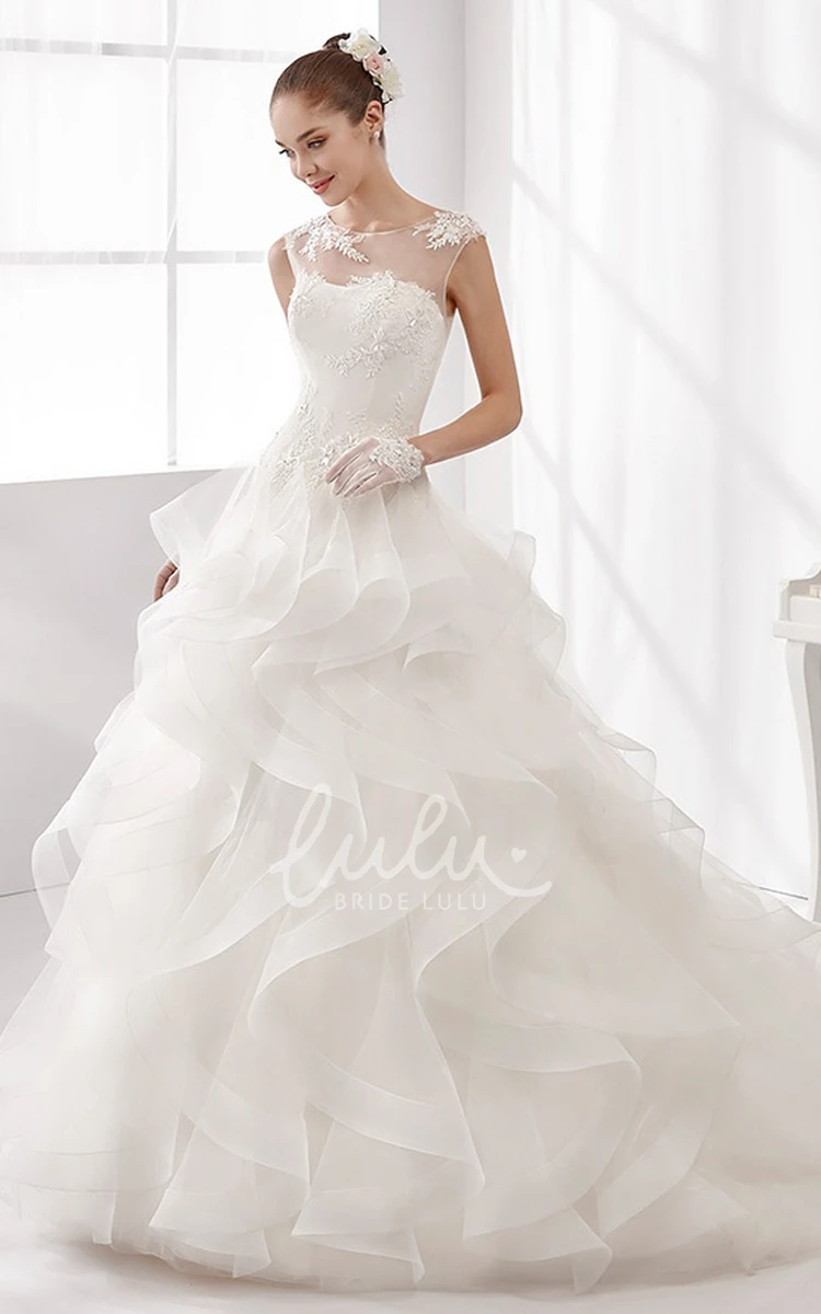 A-Line Wedding Gown with Cascading Ruffles and Illusive Neckline Jewel-Neck Classy Simple