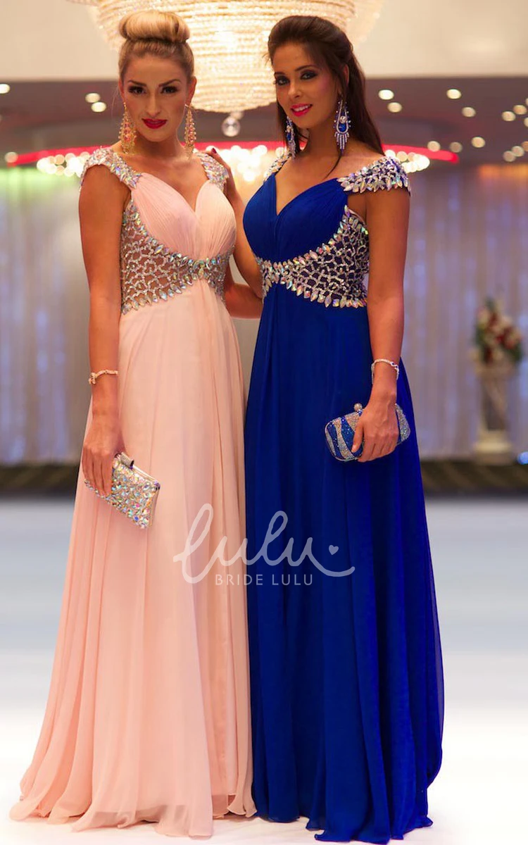 V-Neck Sheath Prom Dress with Cap-Sleeves and Beaded Details