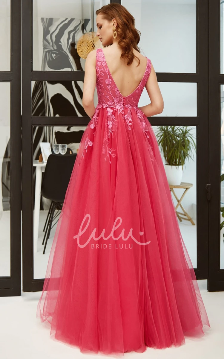 Elegant Lace A-Line Prom Dress V-neck Floor-length Open Back Appliques