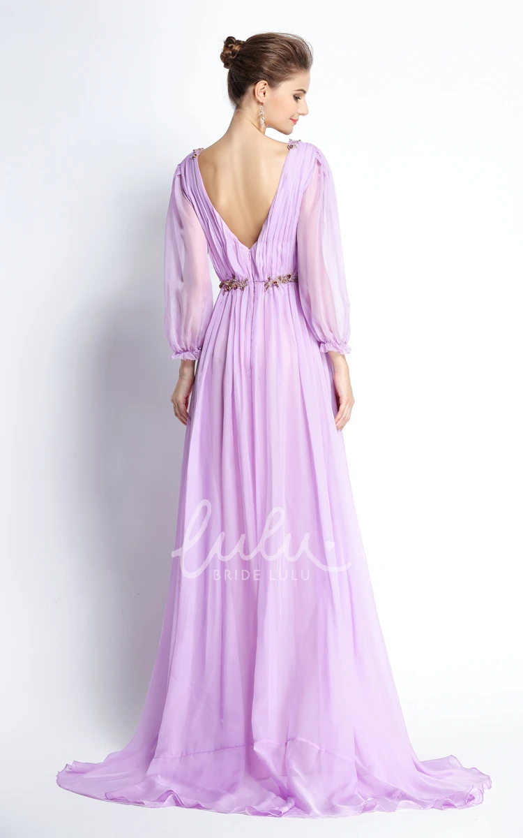 Long Sleeve A-Line Chiffon Prom Dress with Beading and Pleats Floor-length Sweep Brush Train