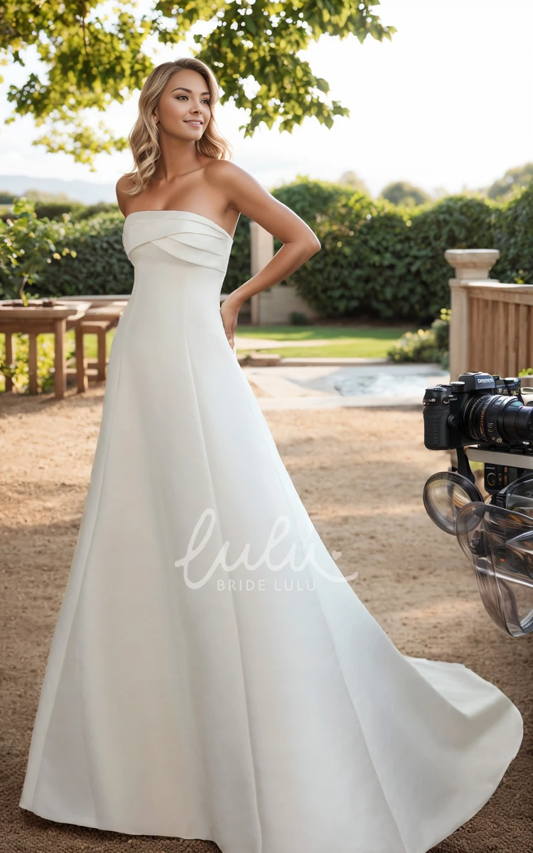 Elegant Simple A-Line Satin Strapless Neckline Beach Wedding Dress Sexy Flowy Classic Ruching Sleeveless Button Back Bridal Gown