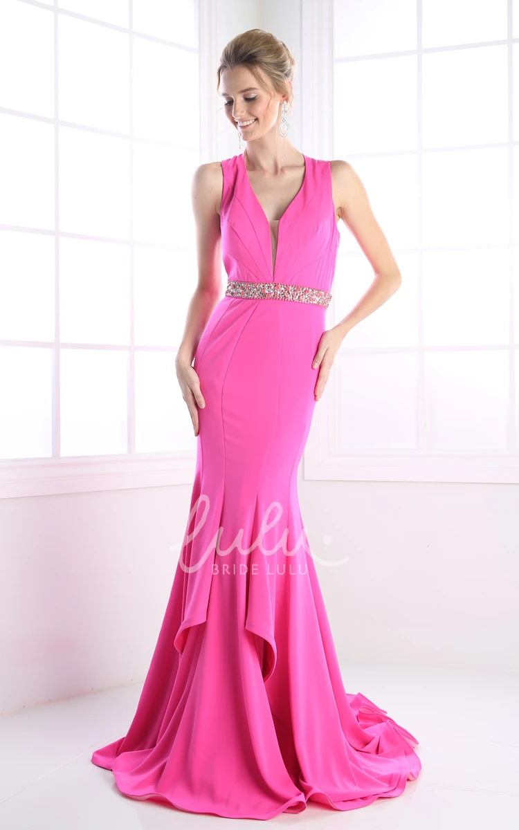 V-Neck Sheath Jersey Dress with Waist Jewellery Modern Formal Dress