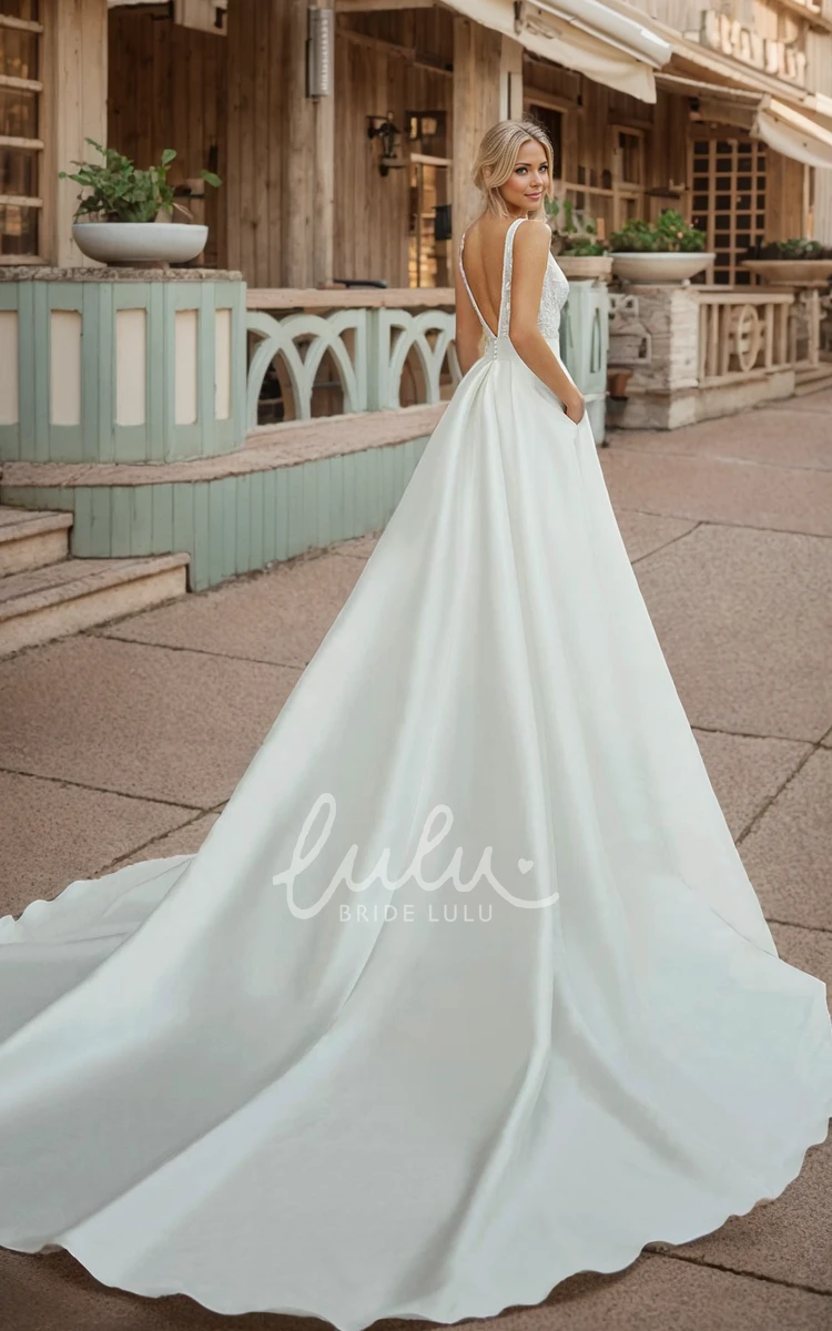 Sexy Romantic Boho A-Line Lace Satin Beach Wedding Dress Solid Modern Sleeveless Deep-V Back Chapel Train Beaded Bridal Gown with Pockets