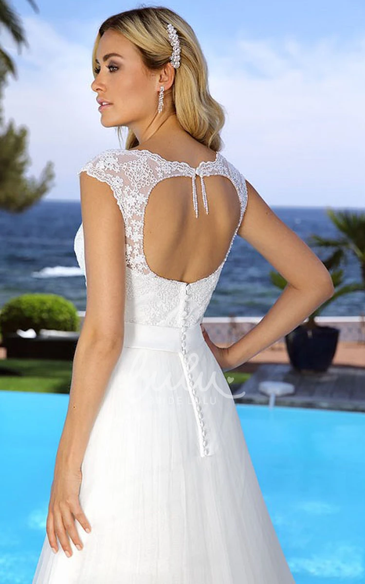 Tulle Appliqued Wedding Dress with Keyhole & Waist Jewelry Floor-Length Square