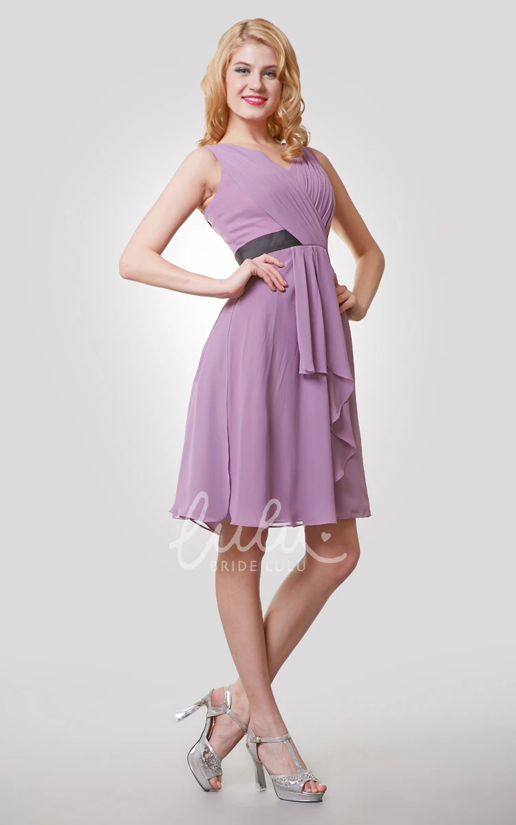 V-Neck Sleeveless Chiffon Dress With Pleats and Draping Knee Length