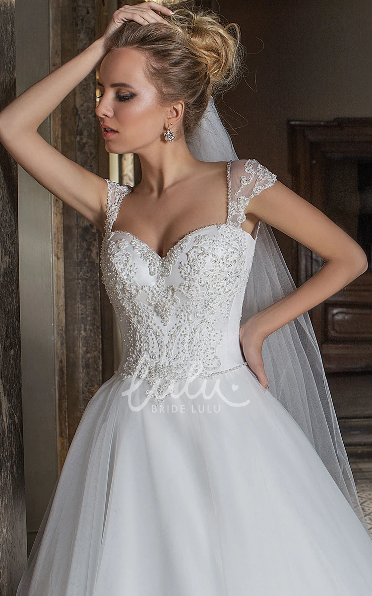 Appliqued Tulle Wedding Dress with Beading and Illusion Maxi Cap-Sleeve Sweetheart