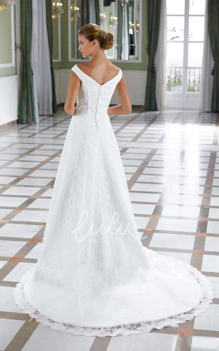 Lace Jeweled Wedding Dress with Low-V Back and Court Train A-Line Floor-Length