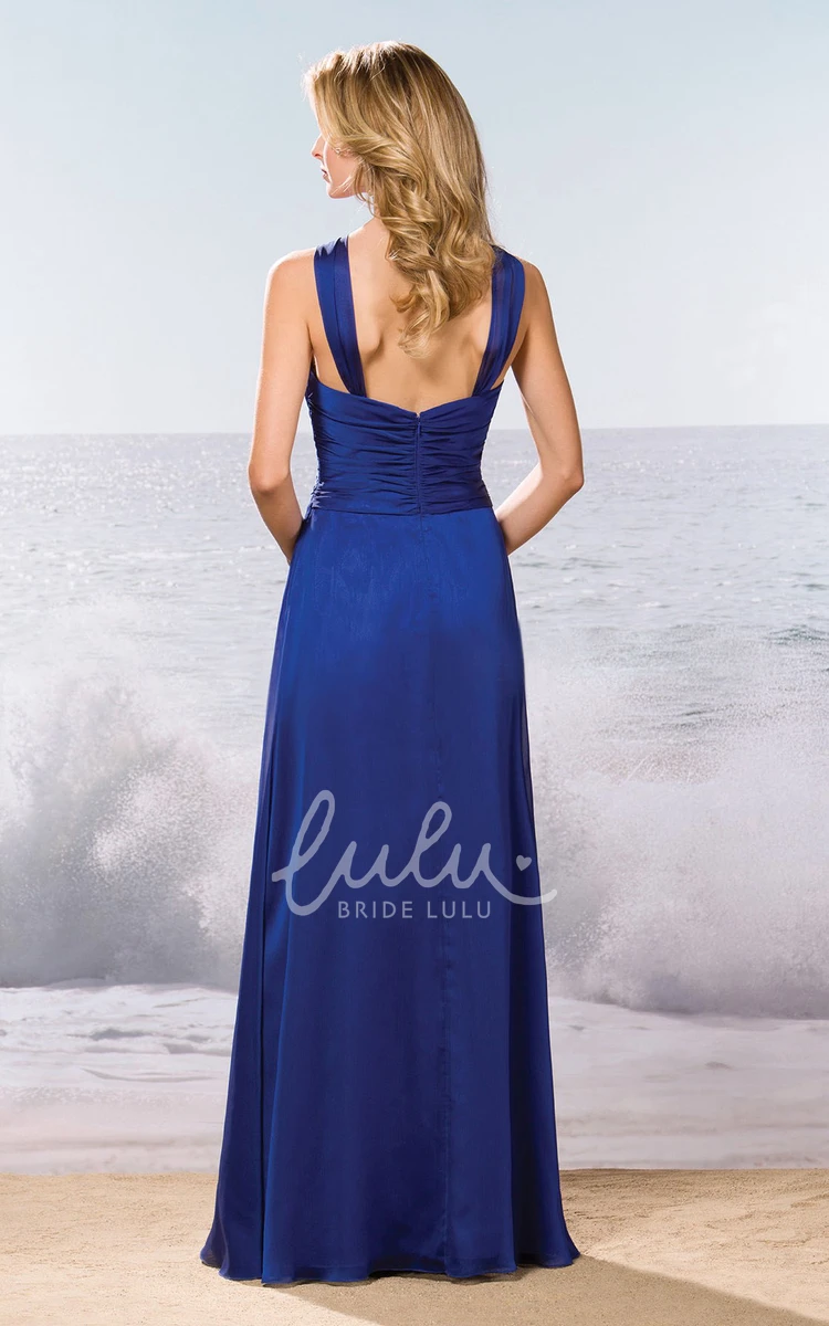 High-Neck A-Line Long Gown With Brooch And Ruches Elegant High-Neck A-Line Bridesmaid Dress with Brooch and Ruches