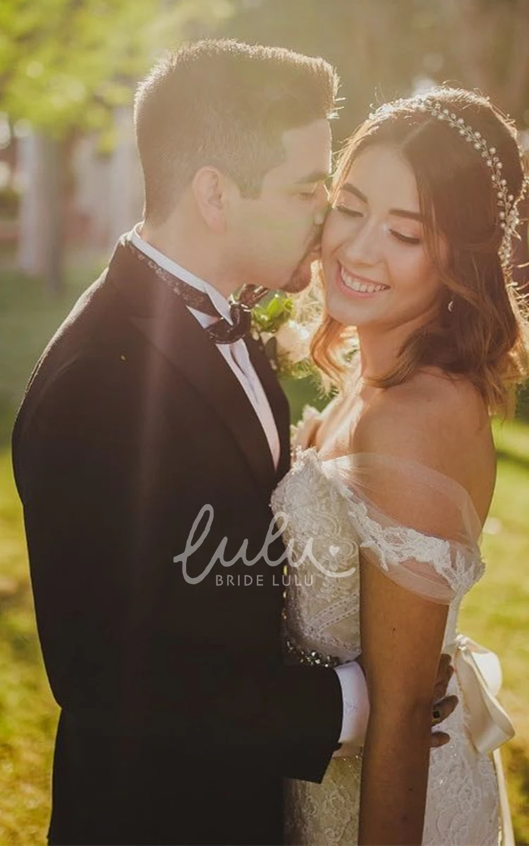 Ethereal Off-the-Shoulder Mermaid Lace Wedding Dress with Sash Unique Bridal Gown