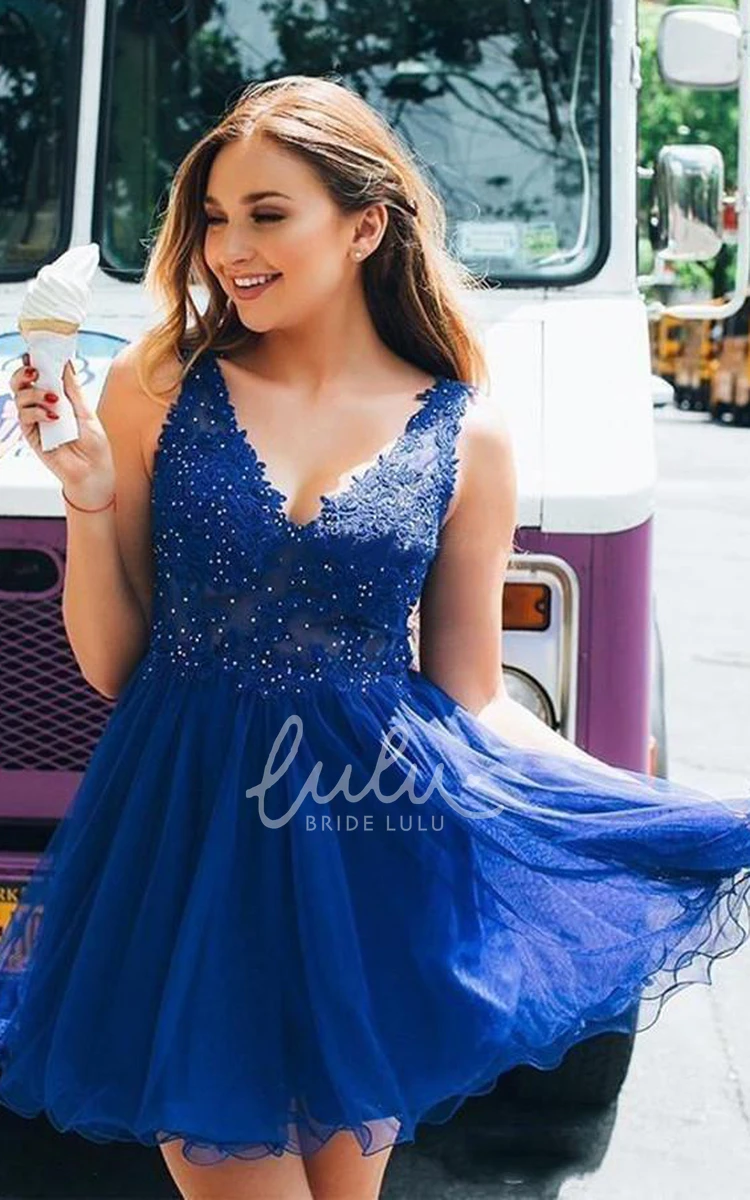 Adorable Tulle Lace V-neck Sleeveless Beaded Ruffle Homecoming Dress A-Line