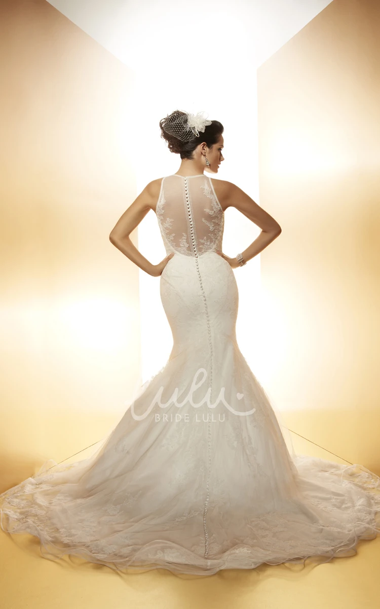 High Neck Sleeveless Lace Applique Trumpet Wedding Dress with Court Train