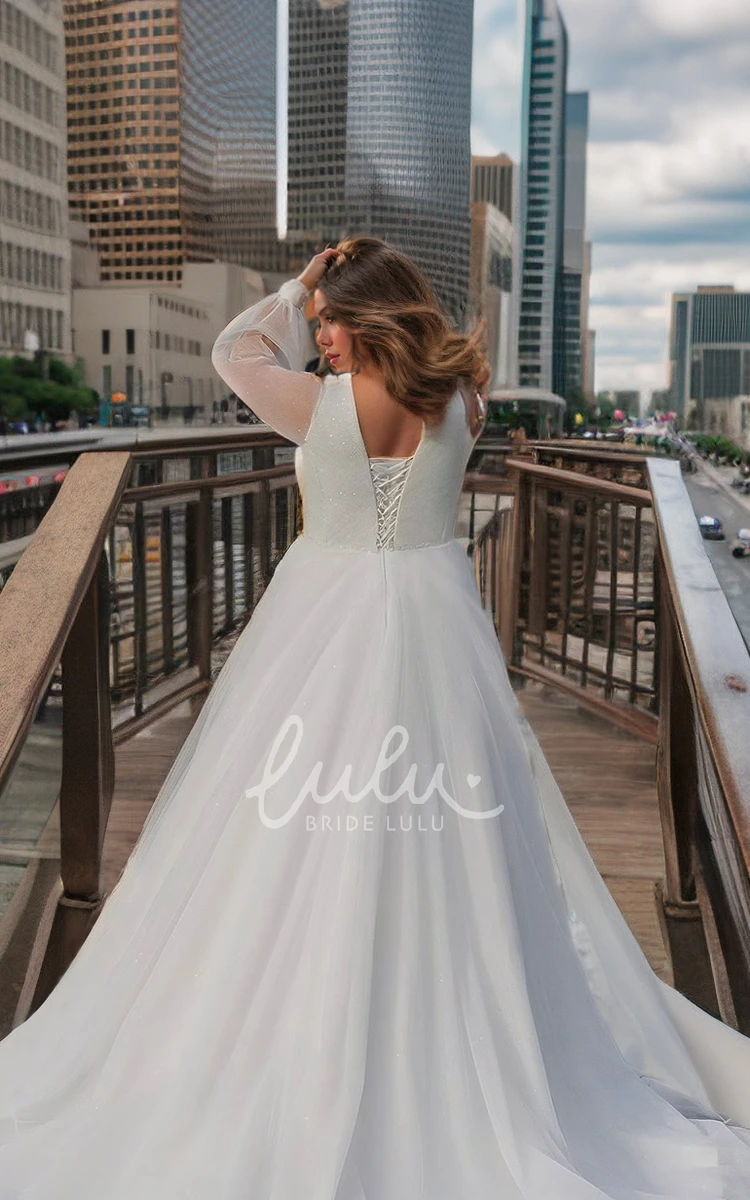 Elegant Plus Size Long Sleeve A-Line V-neck Wedding Dress Chapel Train with Modern Country