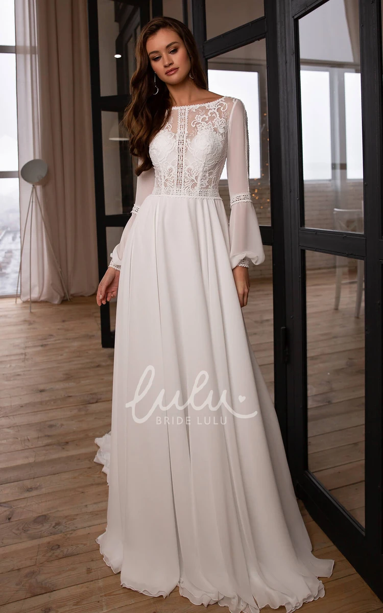 Chiffon and Lace A-line Bateau Wedding Dress with Ruching Ethereal & Dreamy