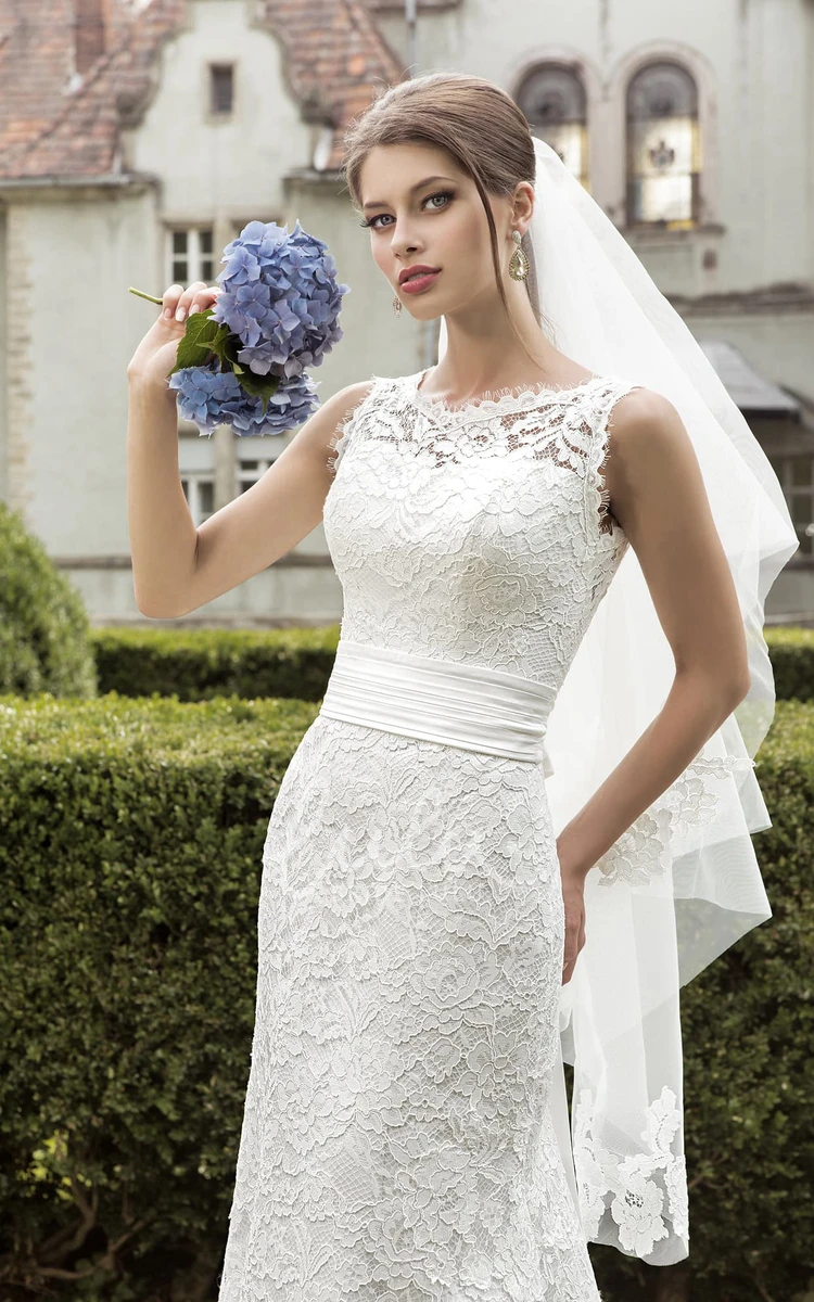 Sheath Wedding Dress with Jeweled Neckline and Ruched Waist