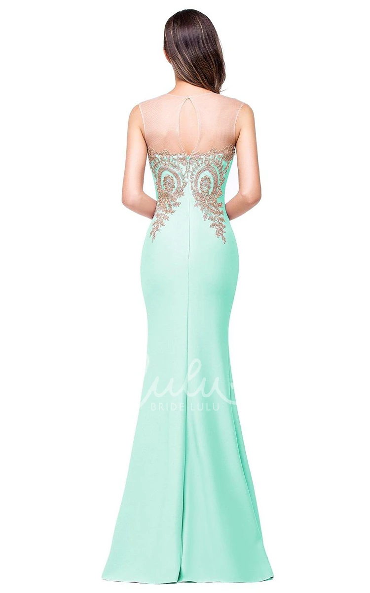 Sleeveless Satin Mermaid Formal Dress with Lace Applique Detail